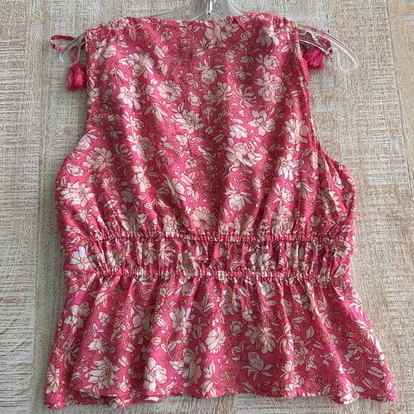 J. Crew V-Neck Voile Tassels Gathered Waist Pink/Ivory Floral Blouse/Top Small - Picture 7 of 10